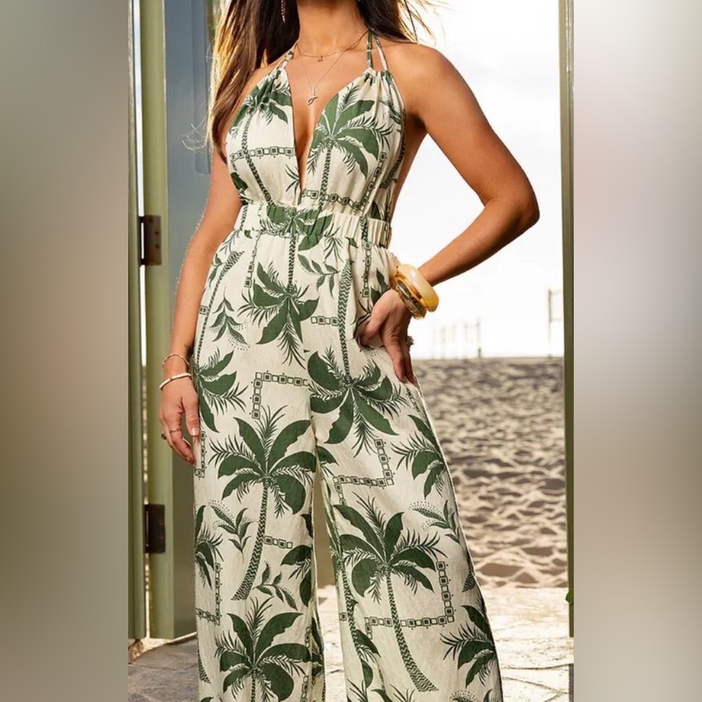 Cupshe Green Palm Print Halter Jumpsuit